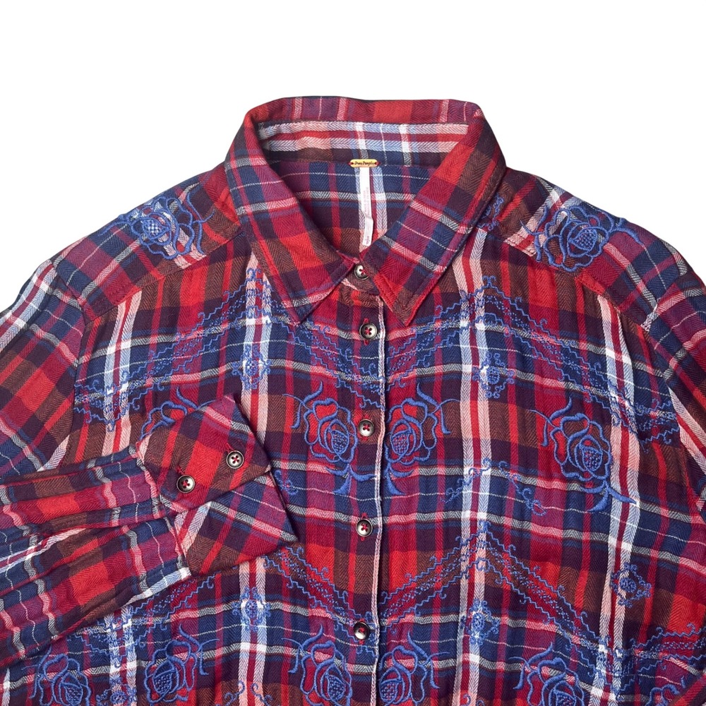 Free People Button Down Shirt Womens Small Red Plaid Floral Embroidered Boho
